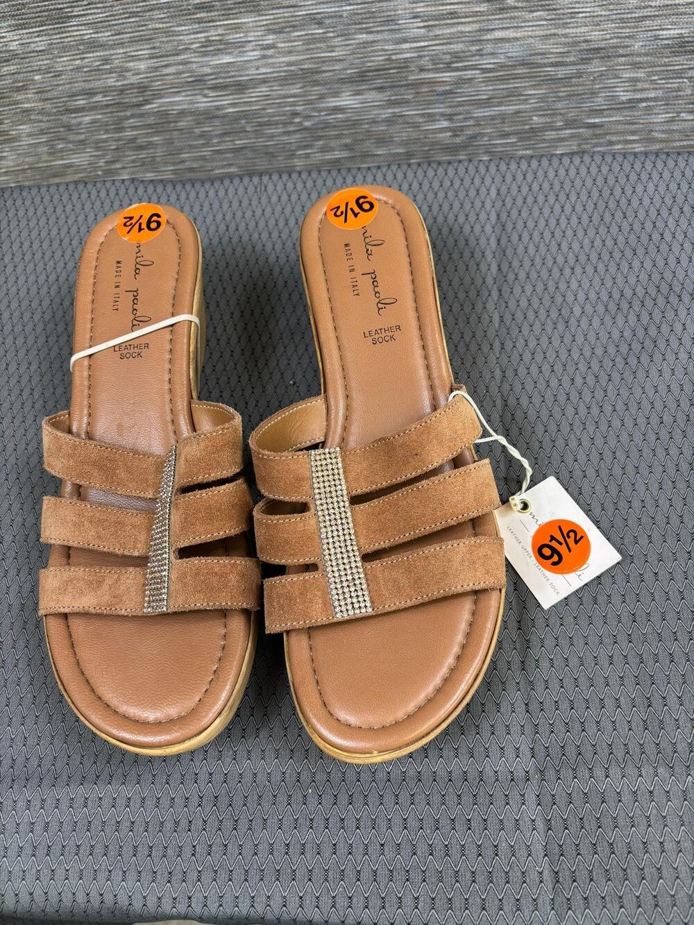 Mila Paoli Shoes Womens Size 9.5 Brown Suede Wedge Slide Sandals Rhinestone